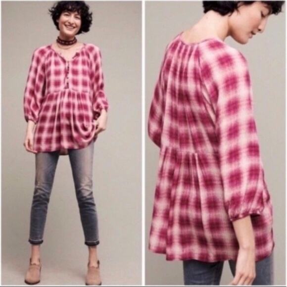 Anthropologie Maeve Pink Plaid Peasant Tunic Blouse S - Picture 2 of 11